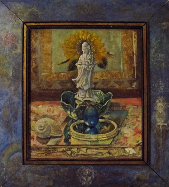 still life with kwan yin / antony de senna / 2012 / acrylic on board with painted frame / 18" x 24" with frame